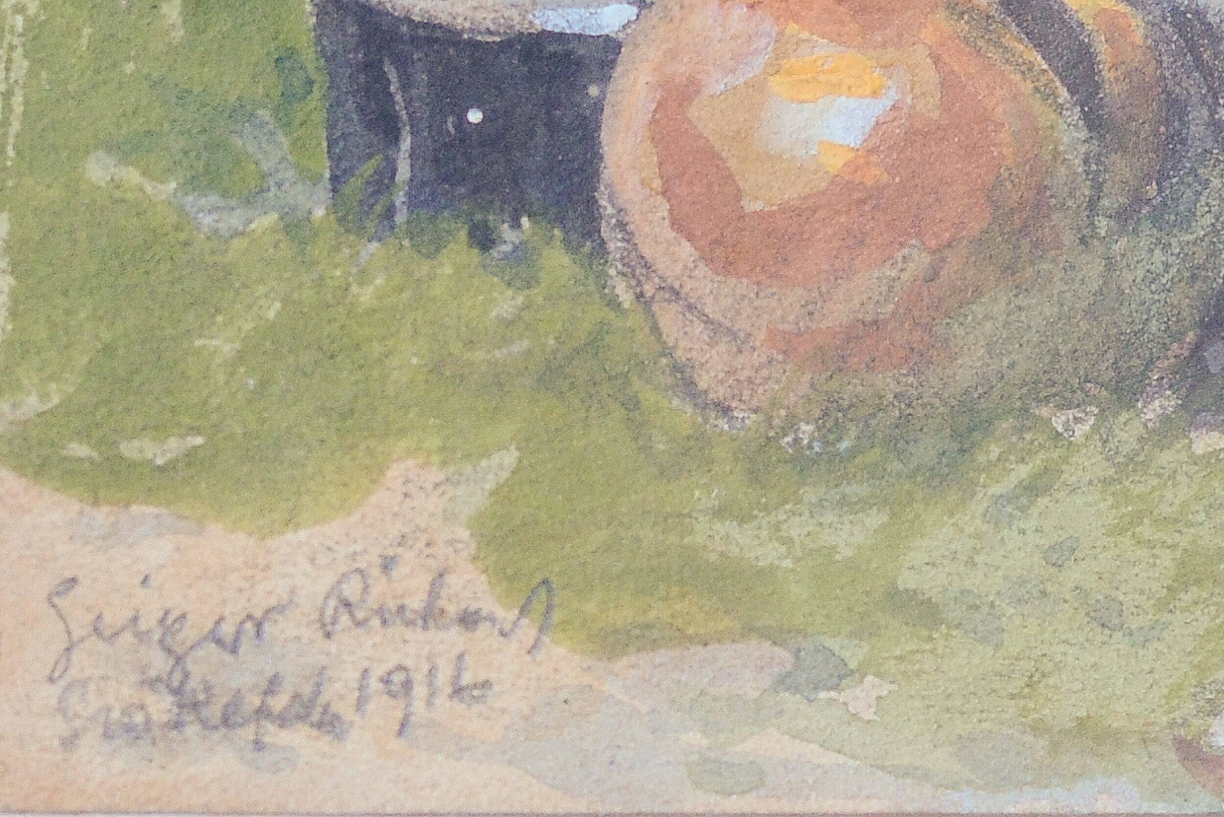 Peasant Lady Smoking a Pipe While Working - Framed Watercolour