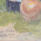 Peasant Lady Smoking a Pipe While Working - Framed Watercolour
