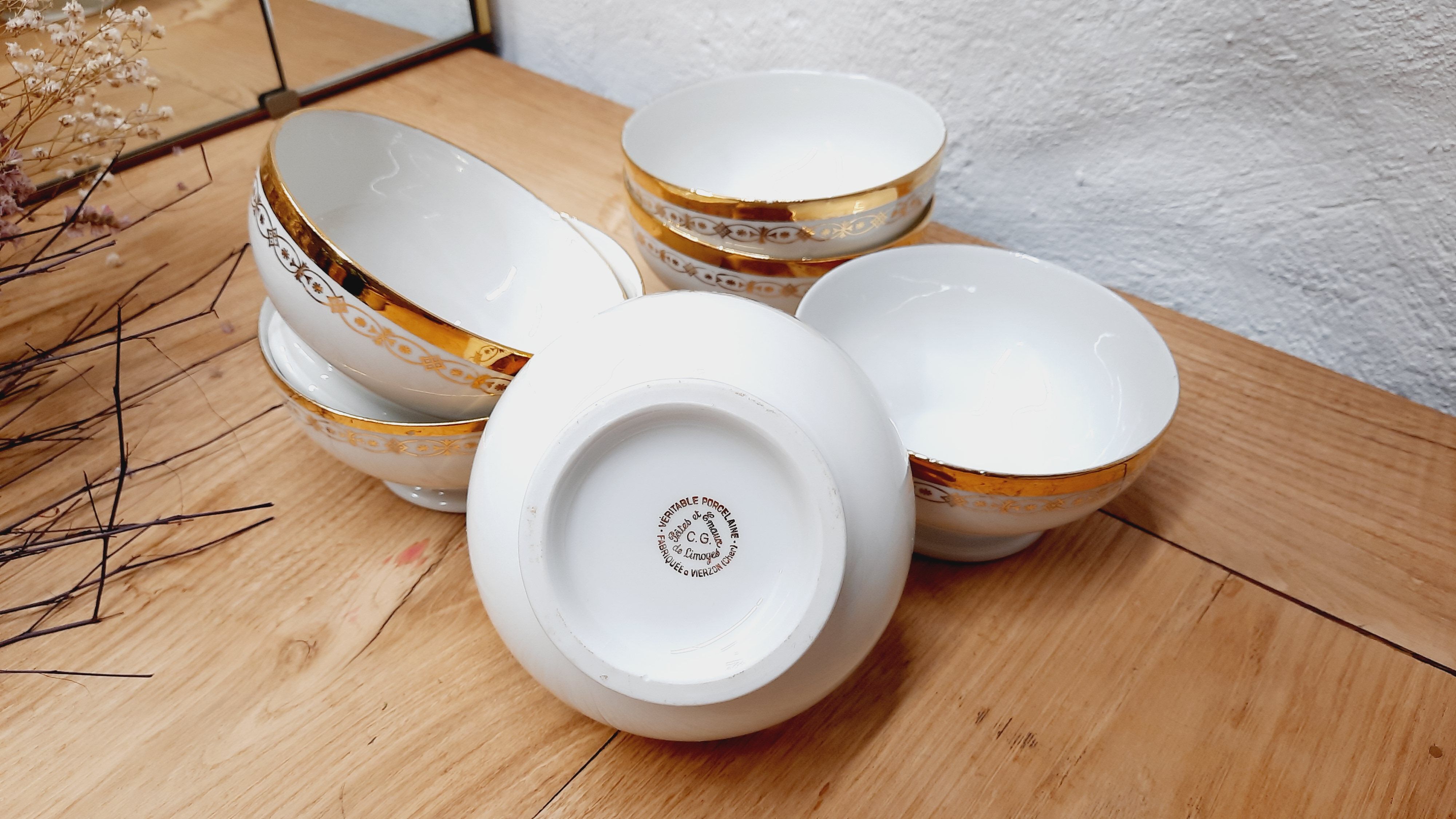 Set 6 bols Limoges blanc et or