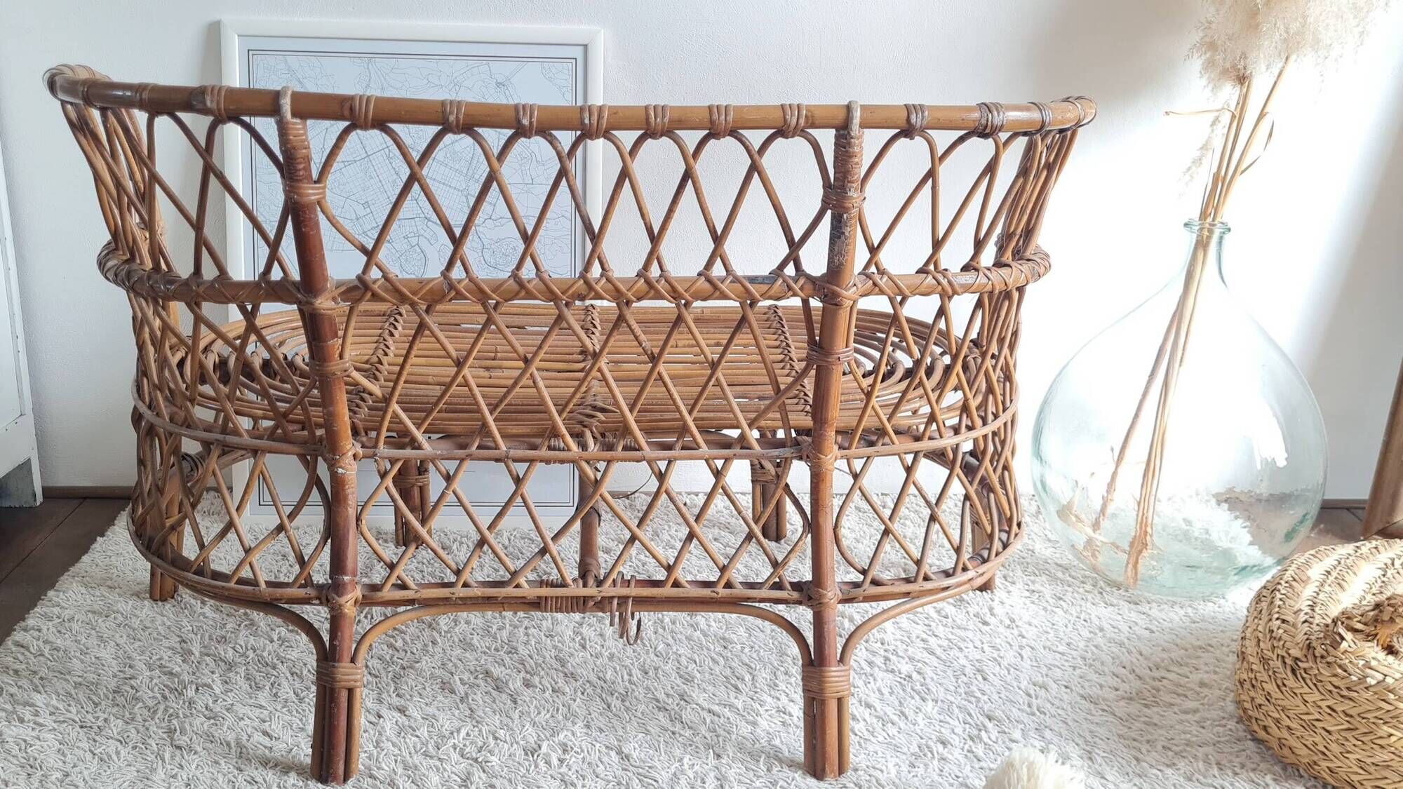 Banquette en rotin et osier circa années 60