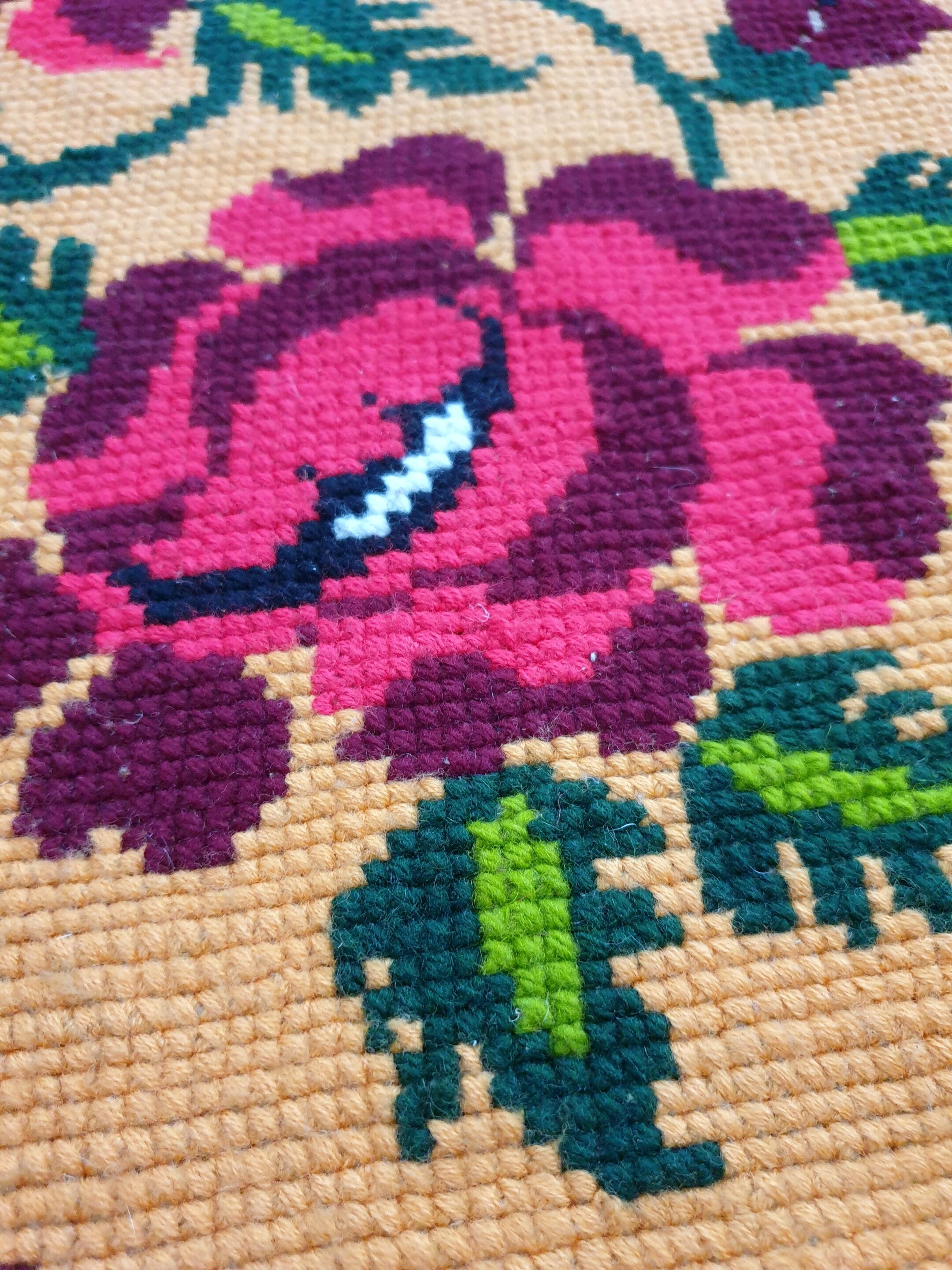 Gorgeous cross stitch floral carpet with red roses made by hand on heme Romania 148x196cm