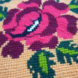 Gorgeous cross stitch floral carpet with red roses made by hand on heme Romania 148x196cm