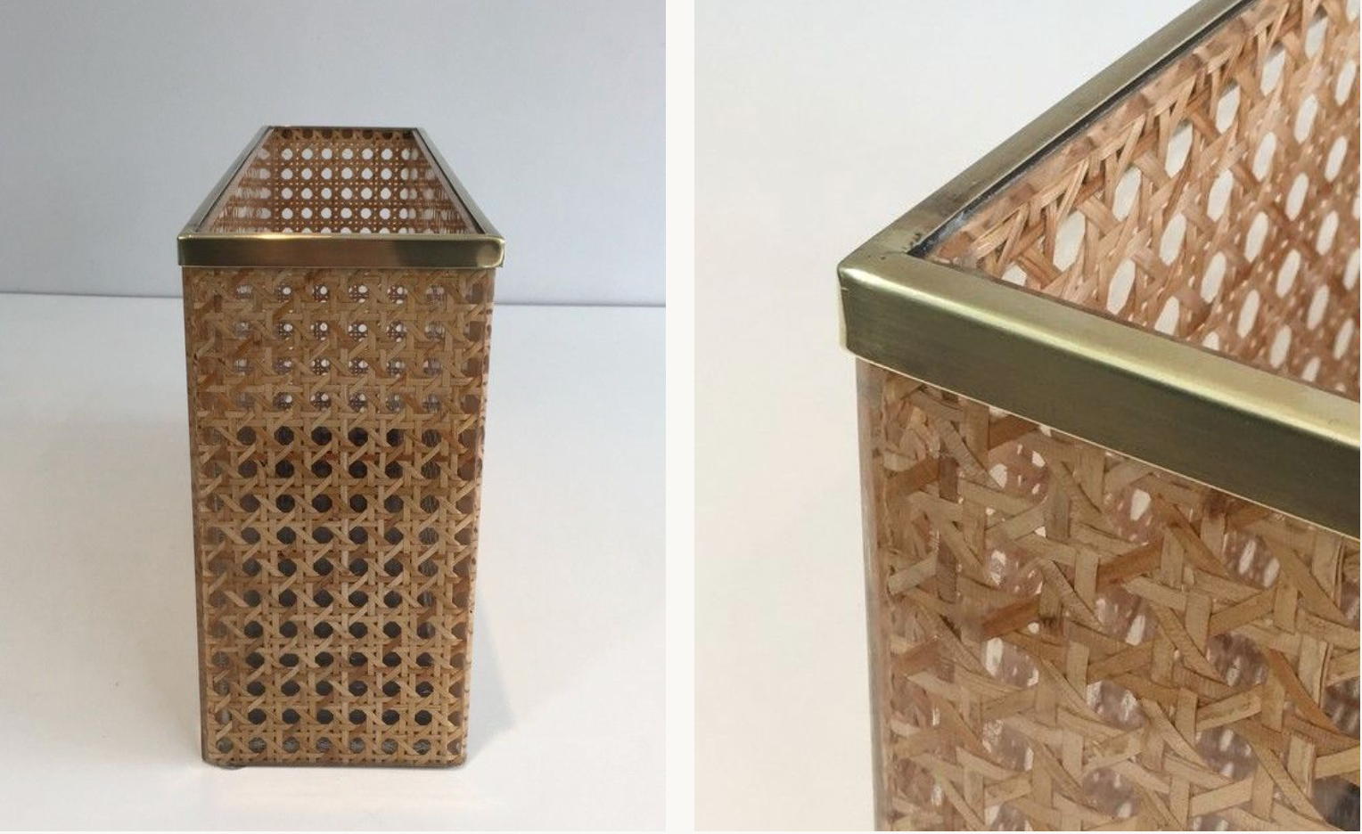 Magazine holder in plexiglass, brass and inlaid cannage