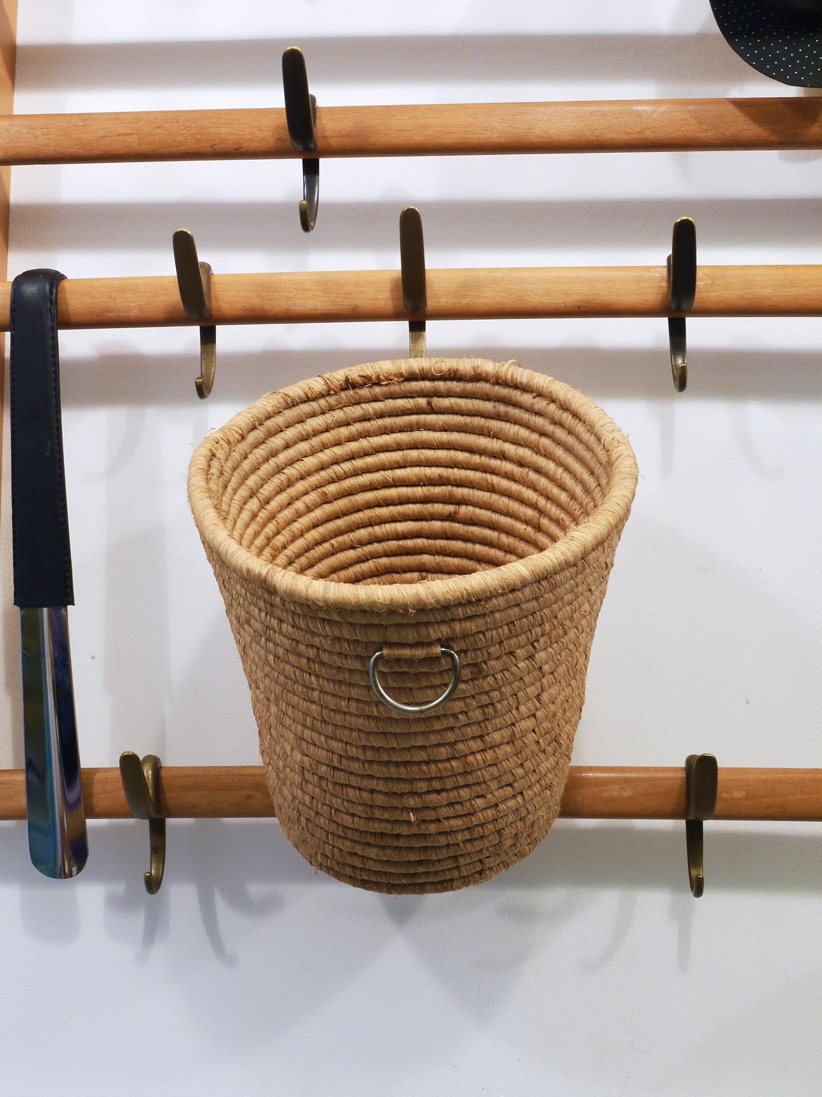 Carl Auböck II paper basket in raffia and brass, umbrella stand, 1950s