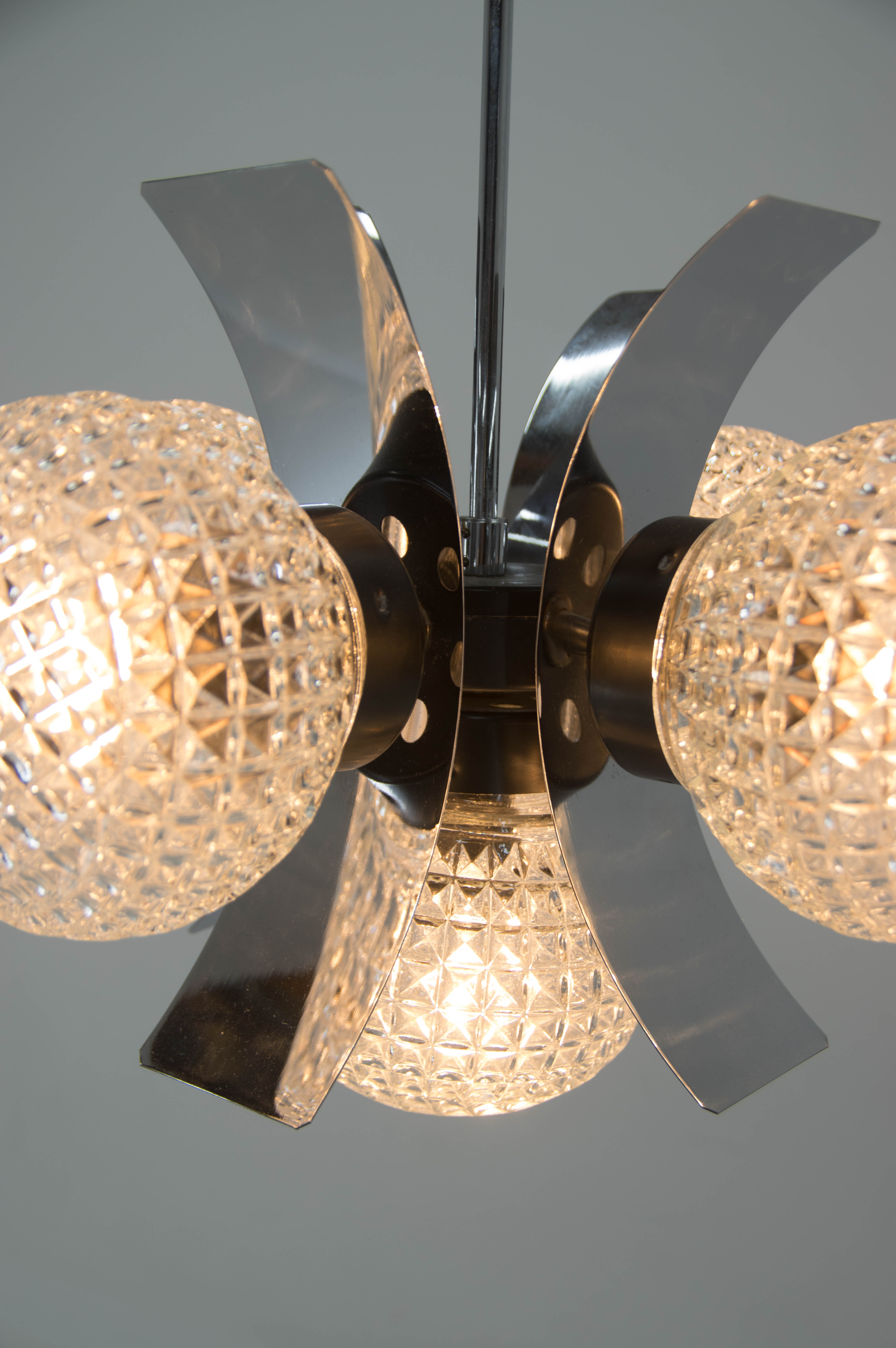 Mid-Century Chrome & Glass Chandelier, Czechoslovakia, 1970s