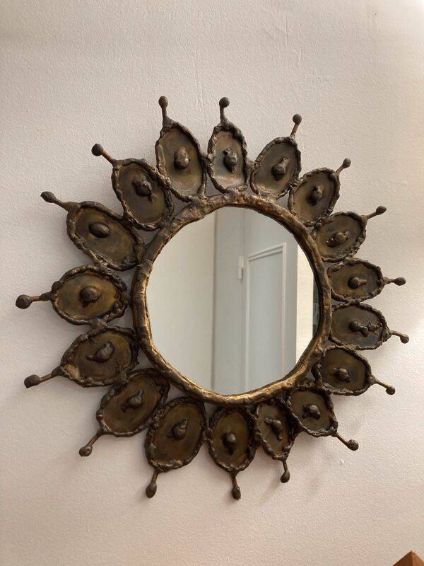 Brutalist brass and copper mirror 1960 design
