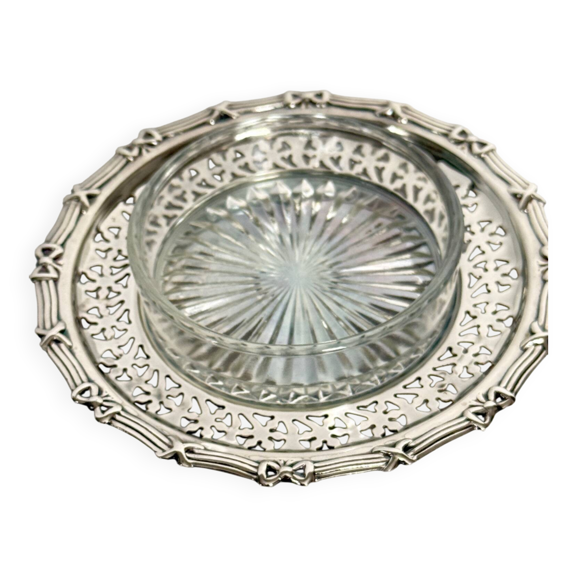 Silver metal ramekin with glass insert, ribbons, bows