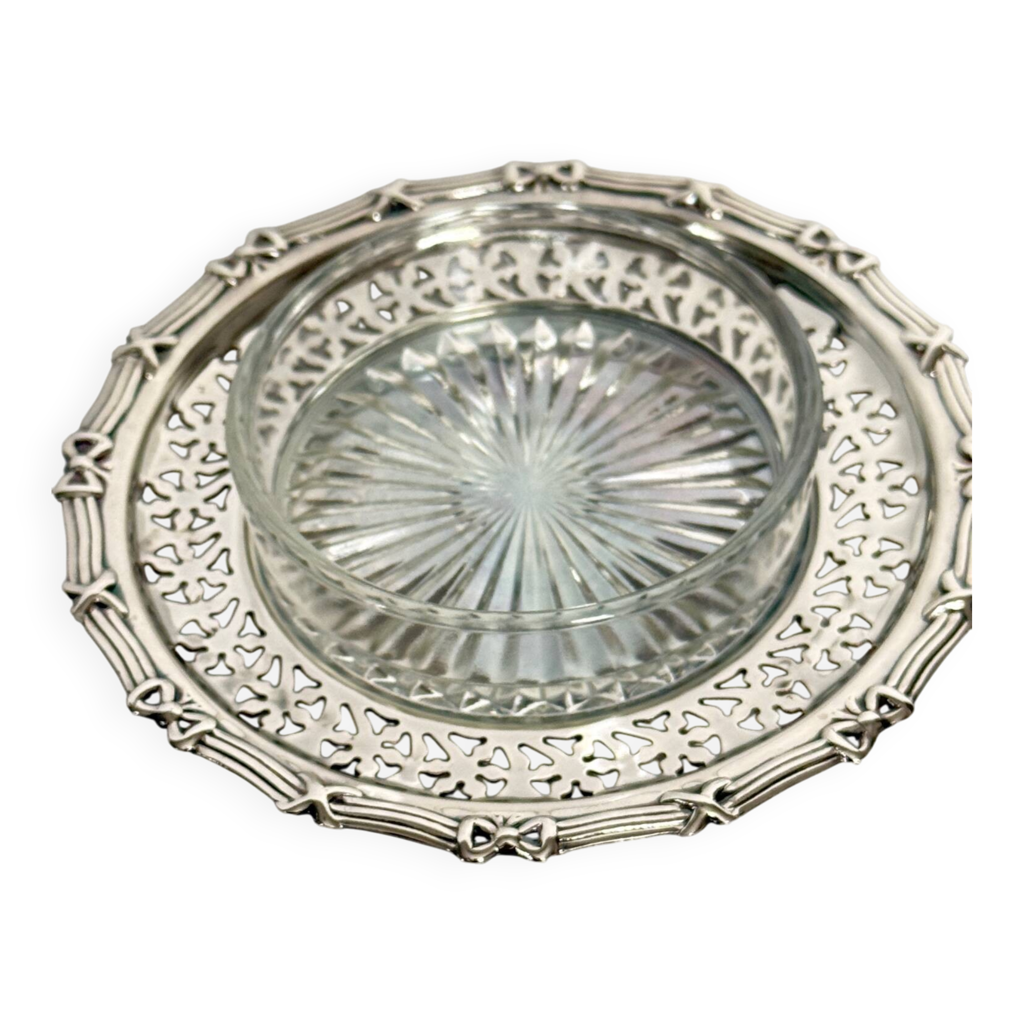Silver metal ramekin with glass insert, ribbons, bows