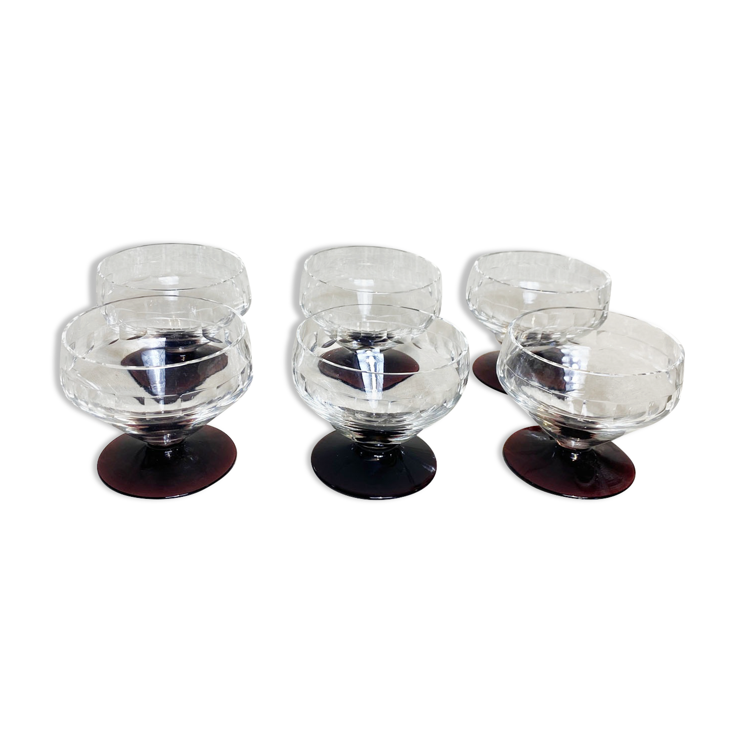 6 Art Deco glasses, purple foot