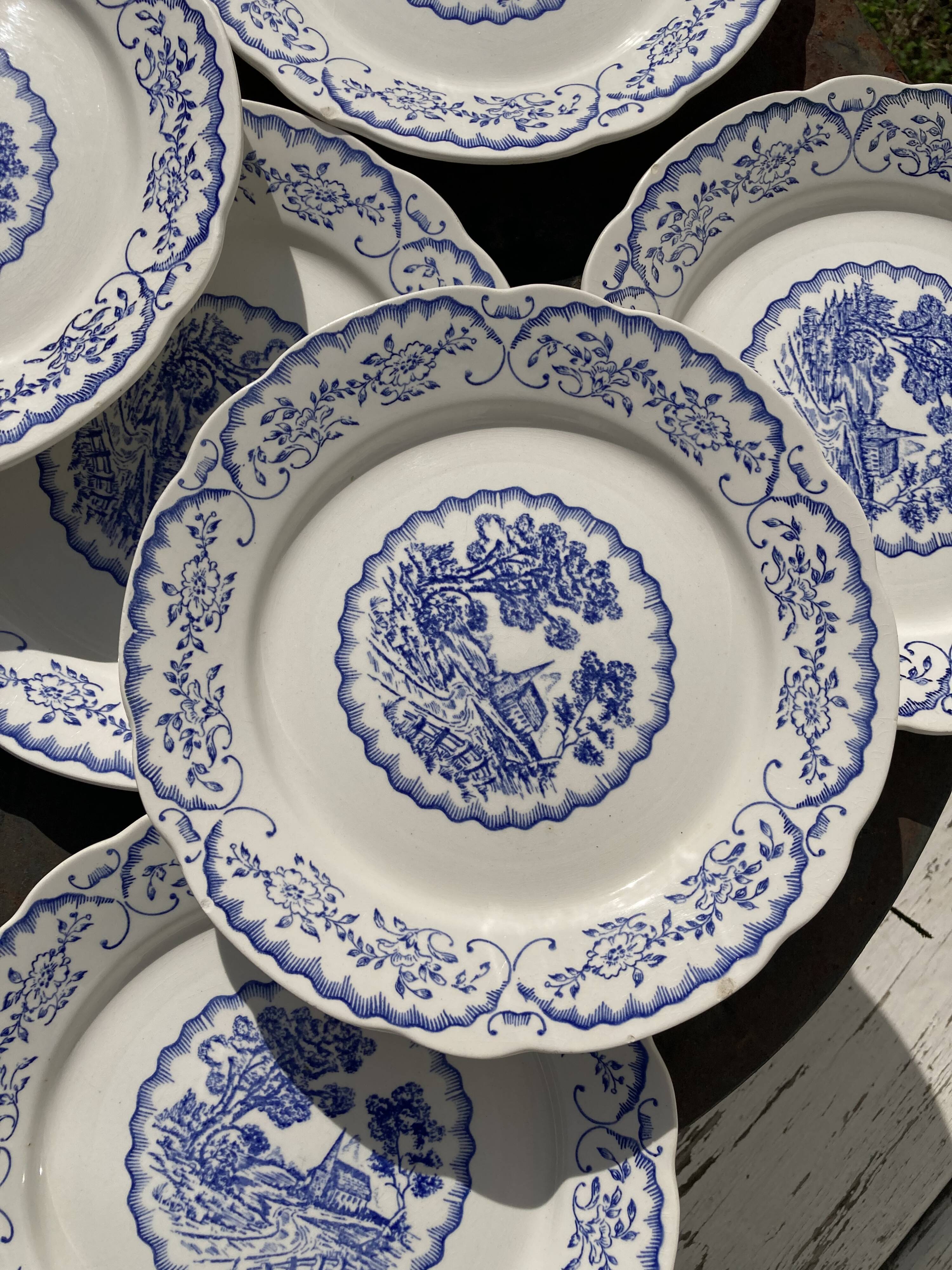 8 flat plates Digoin Sarreguemines blue and white vintage with countryside village décor