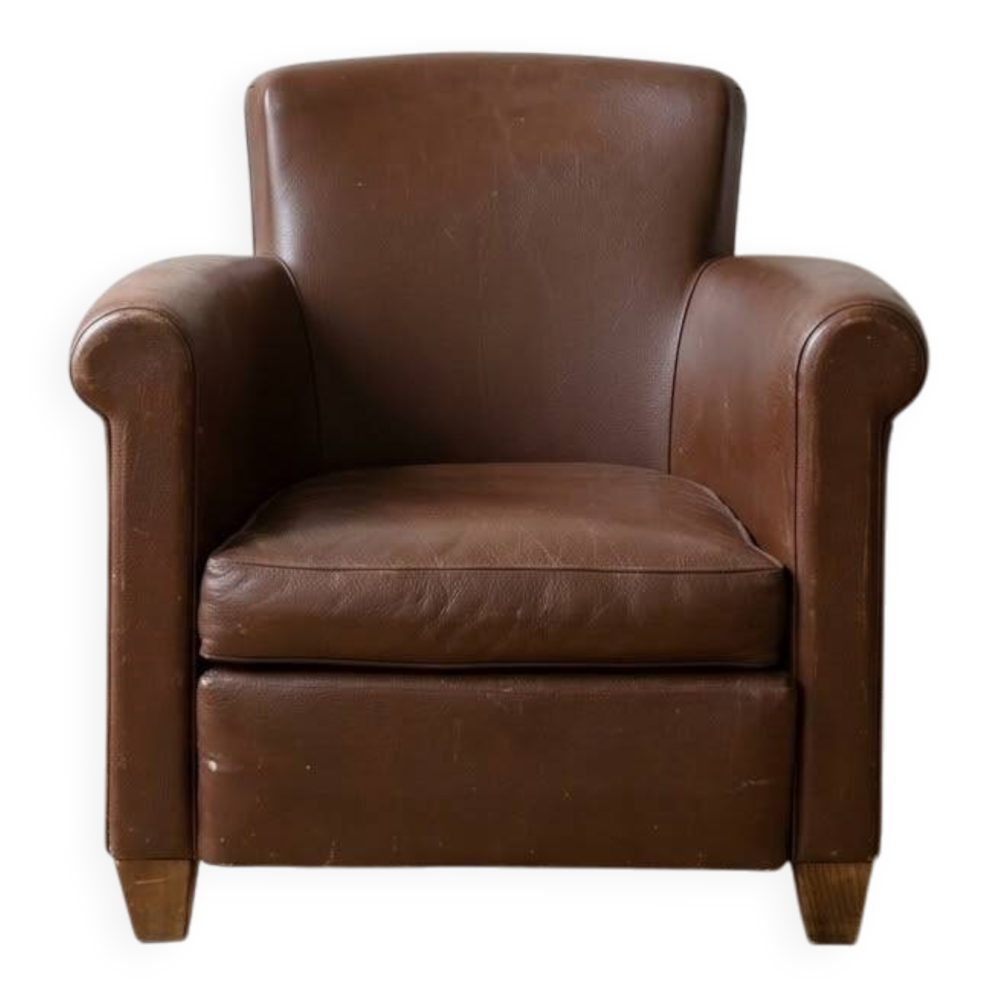Vintage 1950s armchair in brown faux leather.
