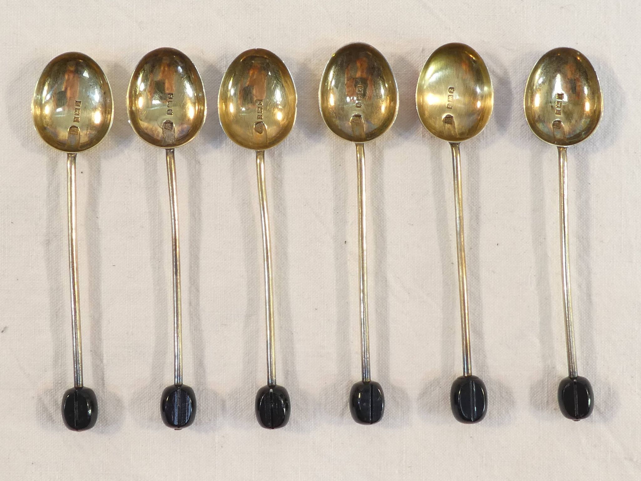 6 mocha spoons in solid silver vermeil and enamelled silver lion passant