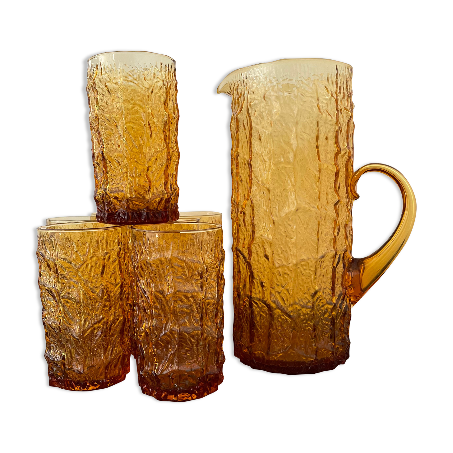 Orangeade service in amber glass 8 glasses and their pitcher