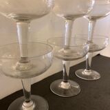 6 champagne glasses in antique glass, blown and engraved