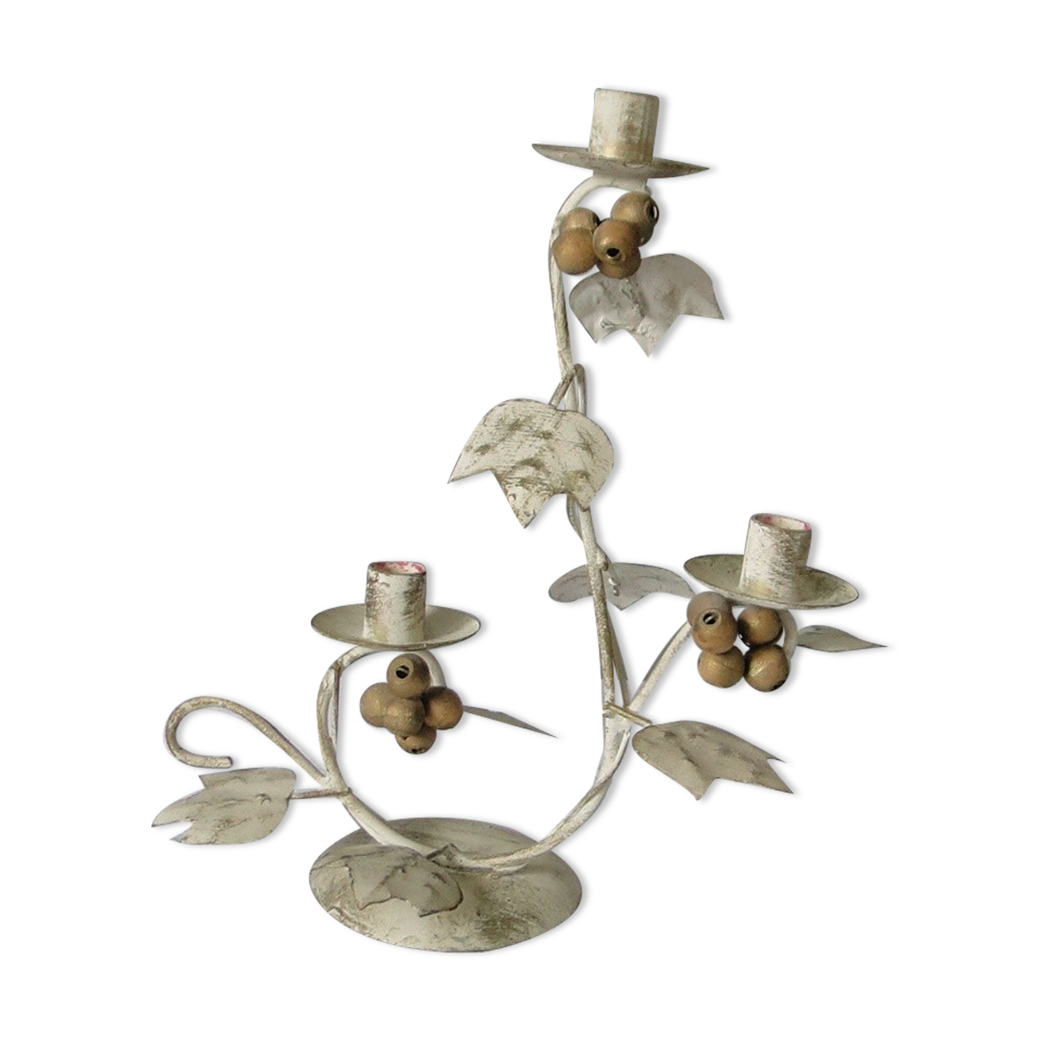Candlestick for 3 candles, aged whitewashed metal, shabby chic