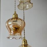Triple vintage tulip pendant light in amber glass