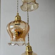 Triple vintage tulip pendant light in amber glass