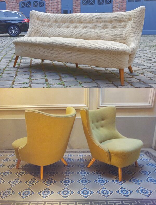 Canapé sofa et 2 fauteuils chauffeuses Wing chair années 50 vintage