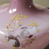 Japanese opaline vase in old pink tones. Swan decoration and polychrome floral motifs.