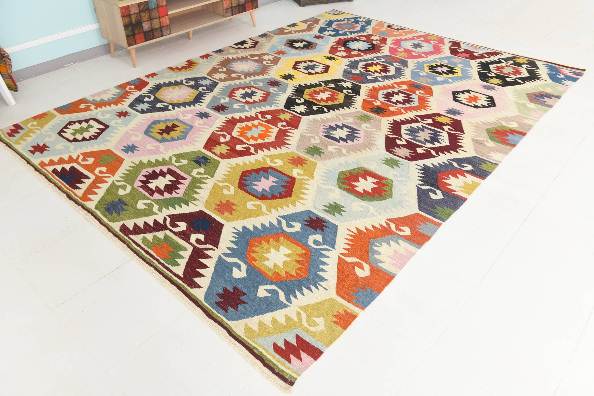 8x11 Vintage Multicolor Handmade Wool Kilim Rug, 254x348Cm