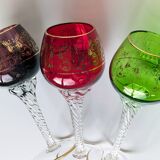 Set of 3 colored wine glasses - Ruby, red, green, gold and twisted foot