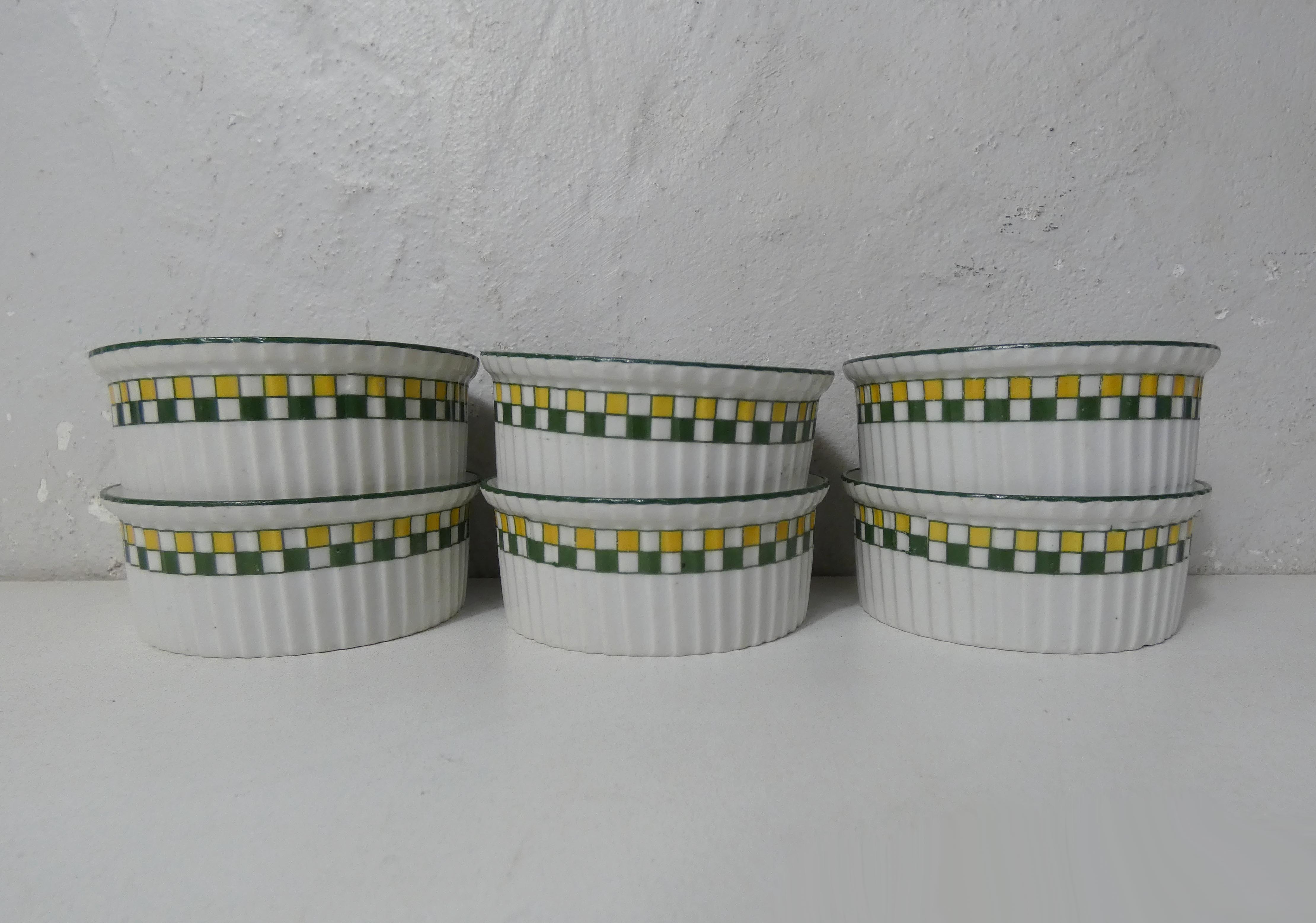 6 old ramekins porcelain checkerboard decoration
