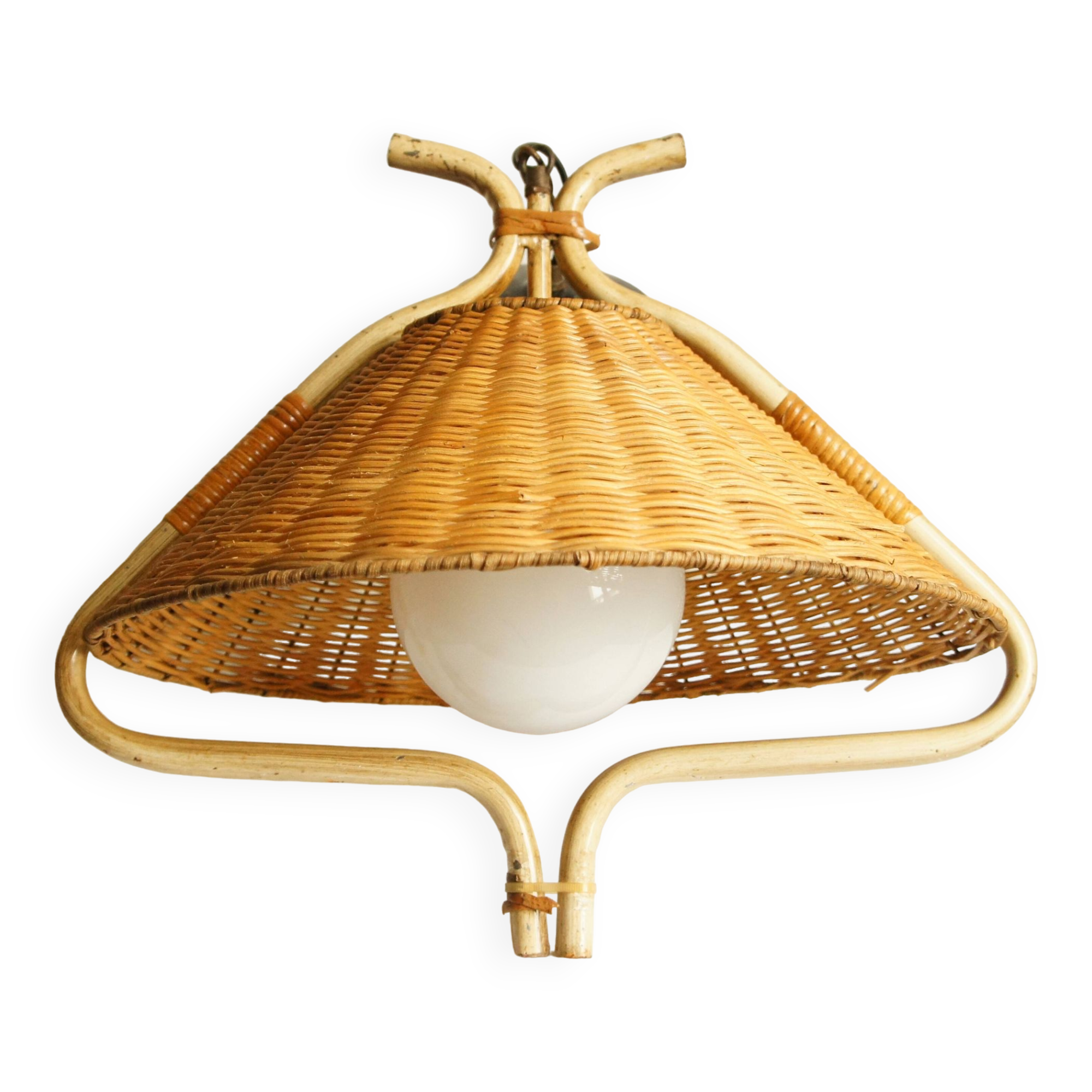 “French Riviera” rattan, metal & opaline pendant light, 1960