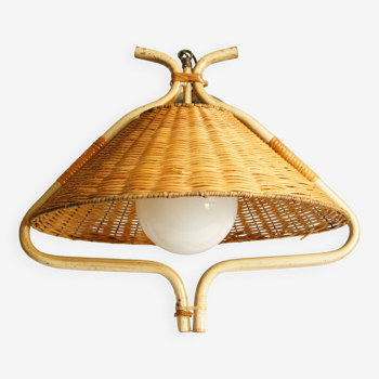 “French Riviera” rattan, metal & opaline pendant light, 1960