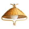 “French Riviera” rattan, metal & opaline pendant light, 1960