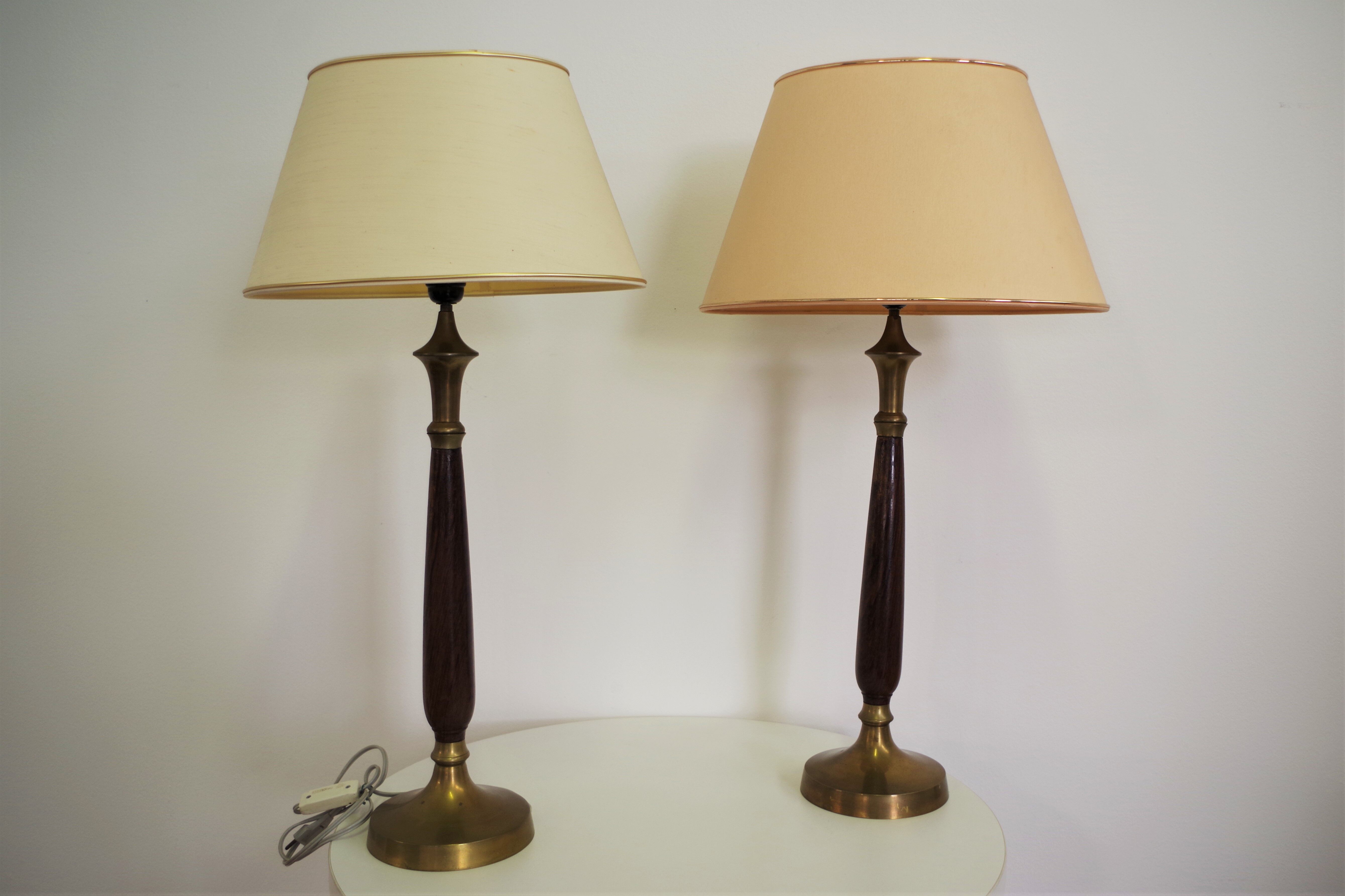Mahogany Hat Lamps, Brass and Cotton of Abat Day, 1950s, Set of 2