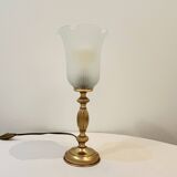 Vintage French Empire table lamp in gilded brass, opaline, pleated tulip, Belle Epoque