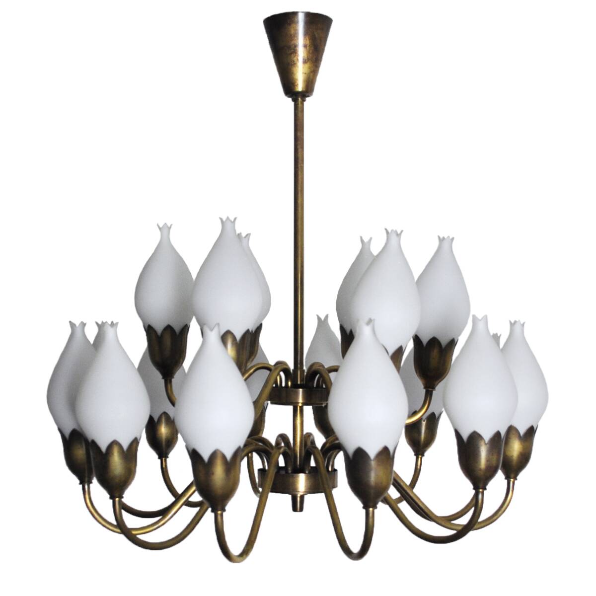 Fog & Mørup 18-Arm Brass and Opaline Glass Tulip Chandelier