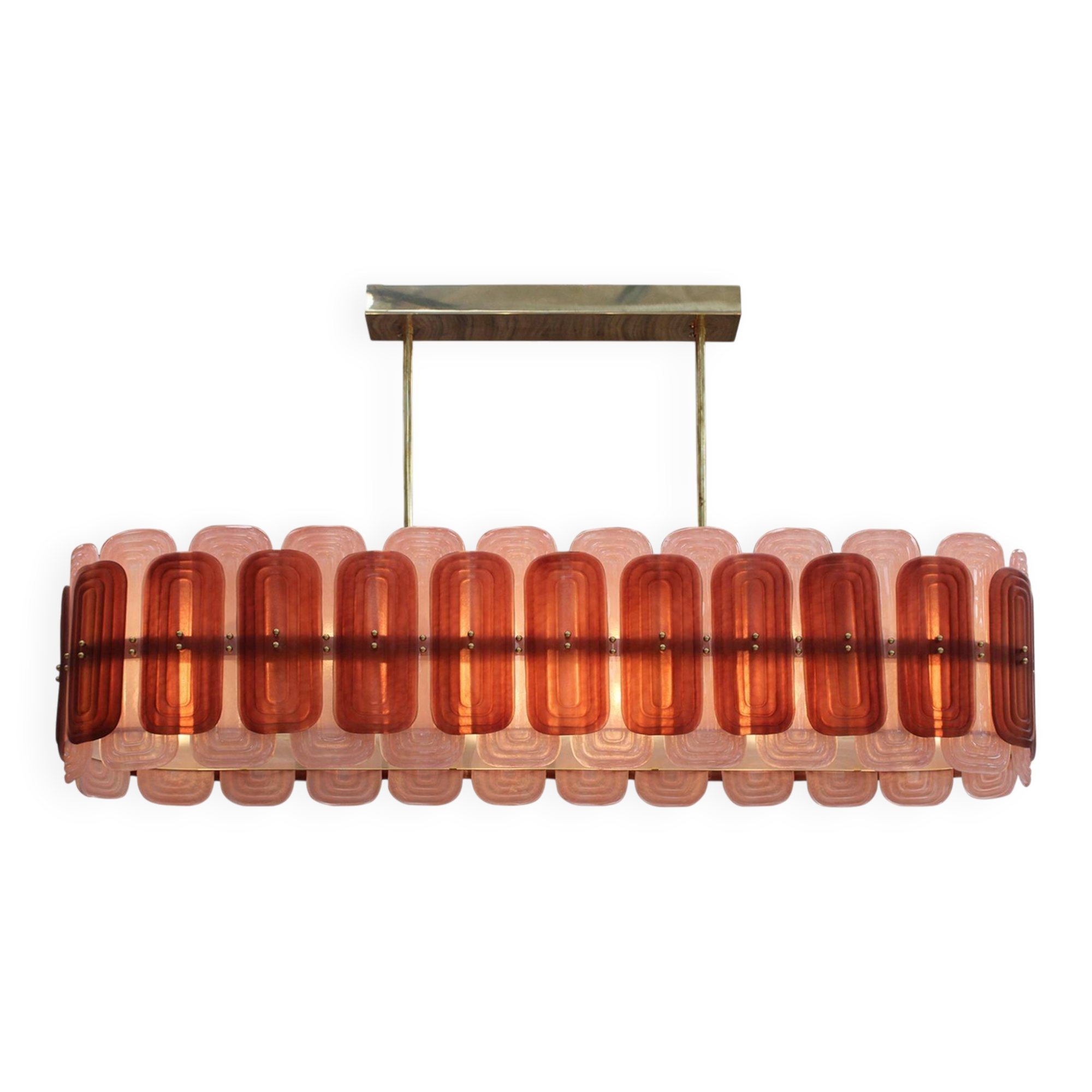 Italian Suspension Lamp with Gold Metal Structure and Red and Pink Murano Glass