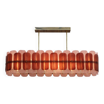 Italian Suspension Lamp with Gold Metal Structure and Red and Pink Murano Glass