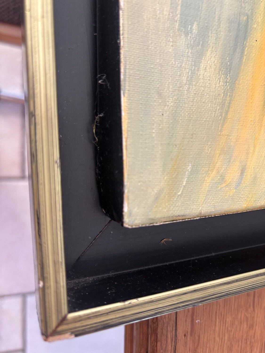 Abstract Lyrical Tableau Oil on Canvas Black and Gold Frame 1960s