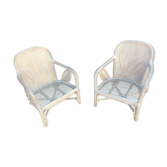 Pair of white porcelain rattan armchairs