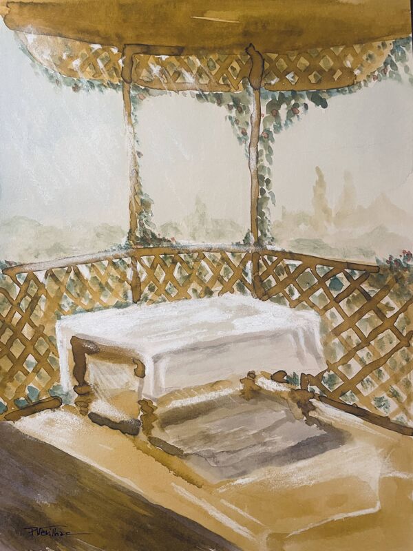 Tableau signé aquarelle paysage « table Provençale sous la tonnelle »
