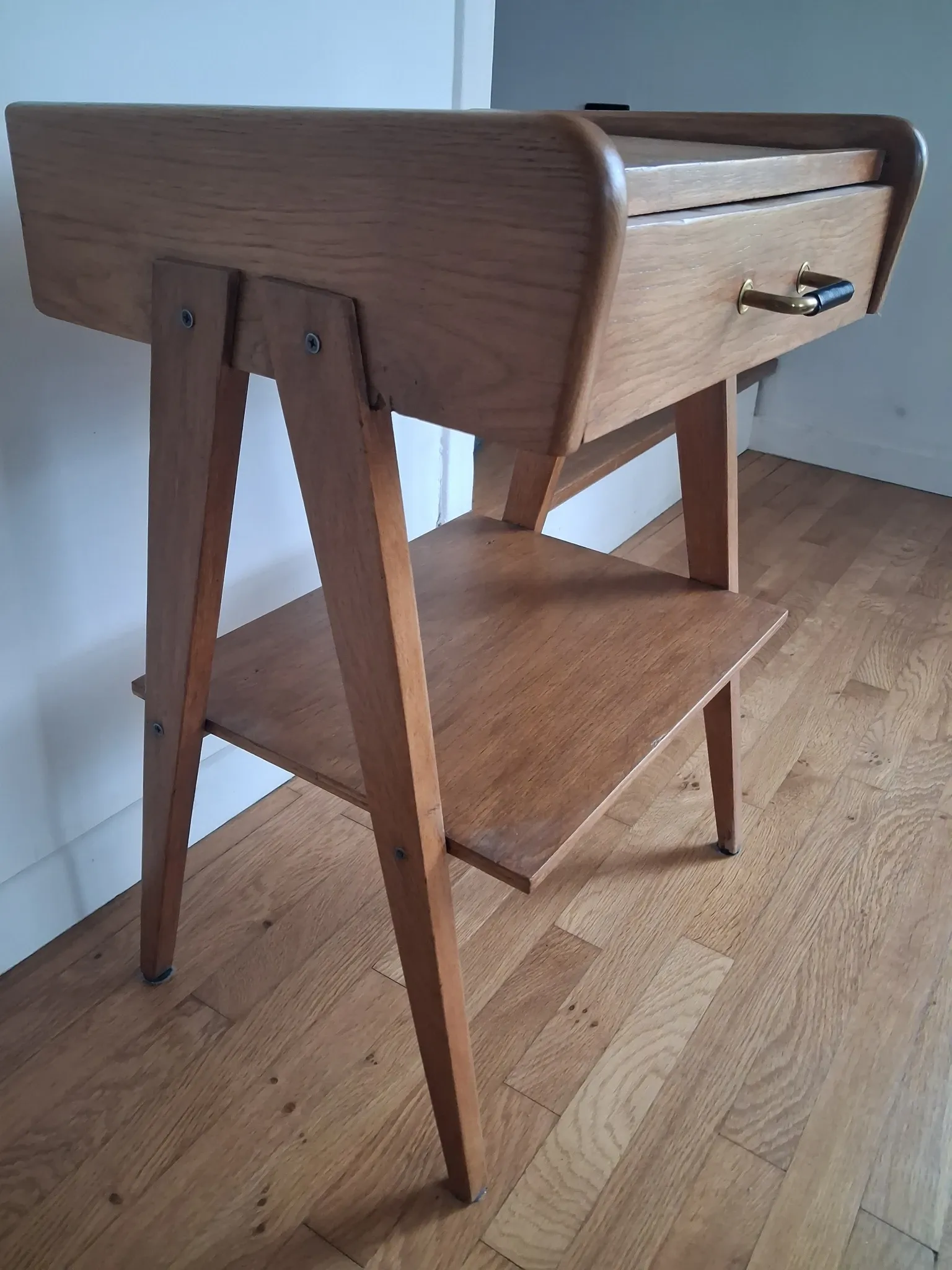 60s compass leg bedside table in light chain.