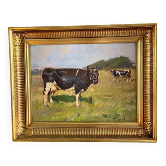 Oil painting of cows on mountain landscape