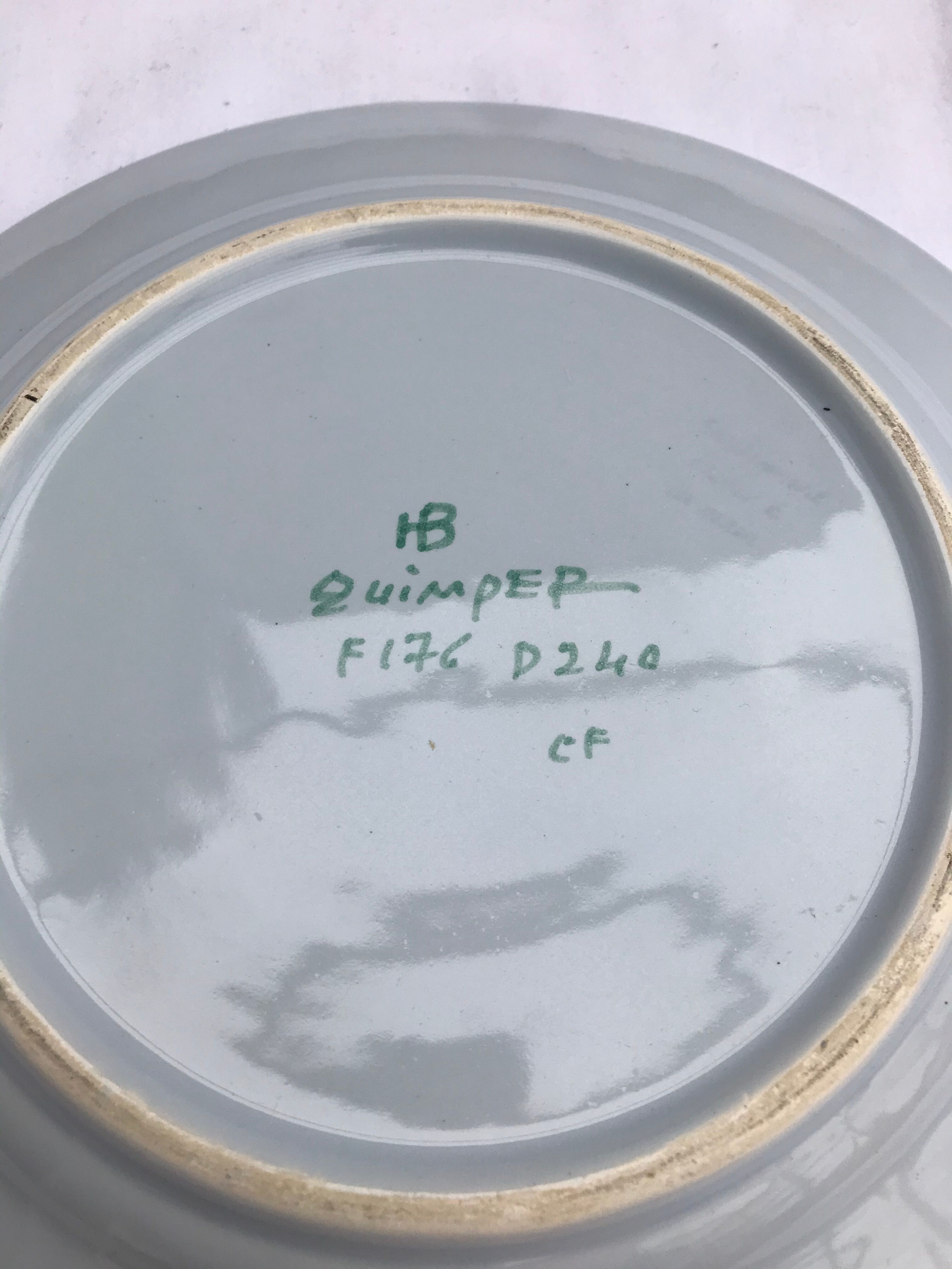 Old Plate Deco QUIMPER HB France Blue Ceramics - Vintage Painted Drawing