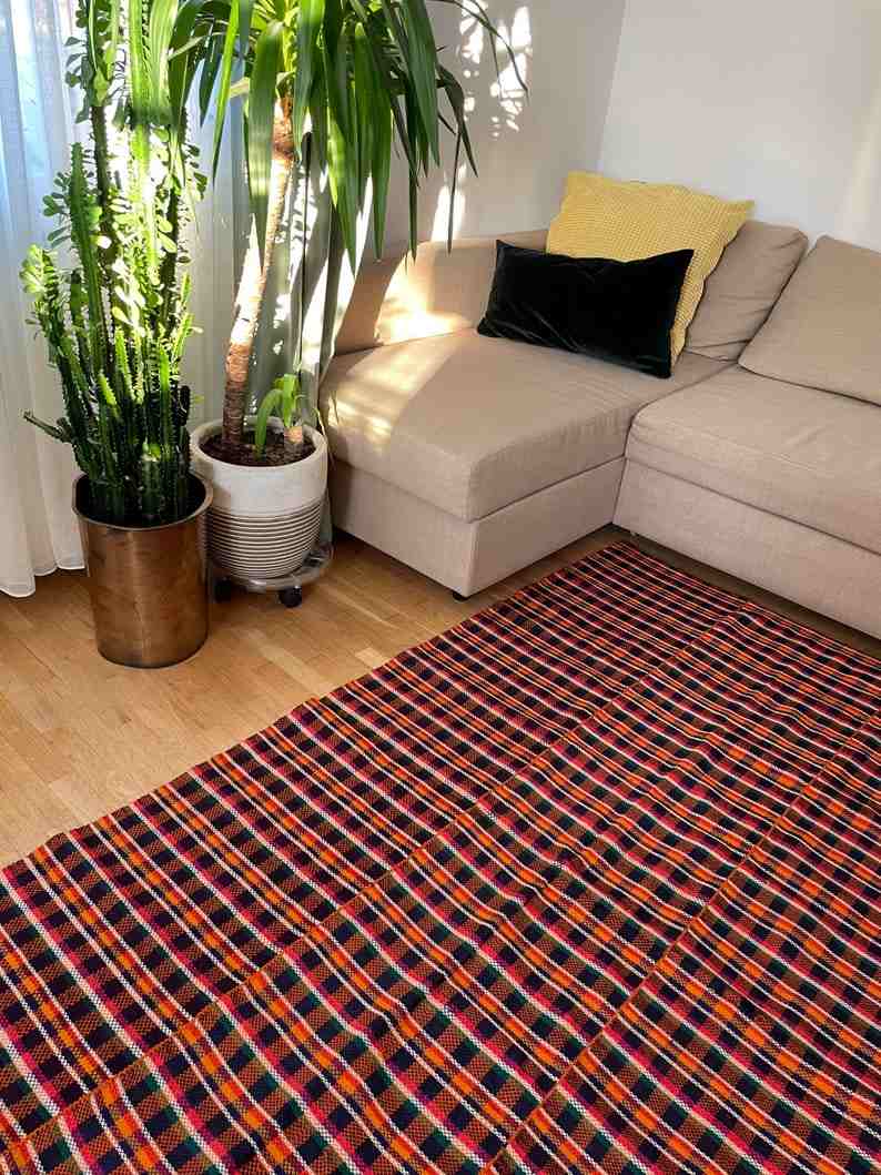 Handwoven vintage accent geometrical rug, colorful wool