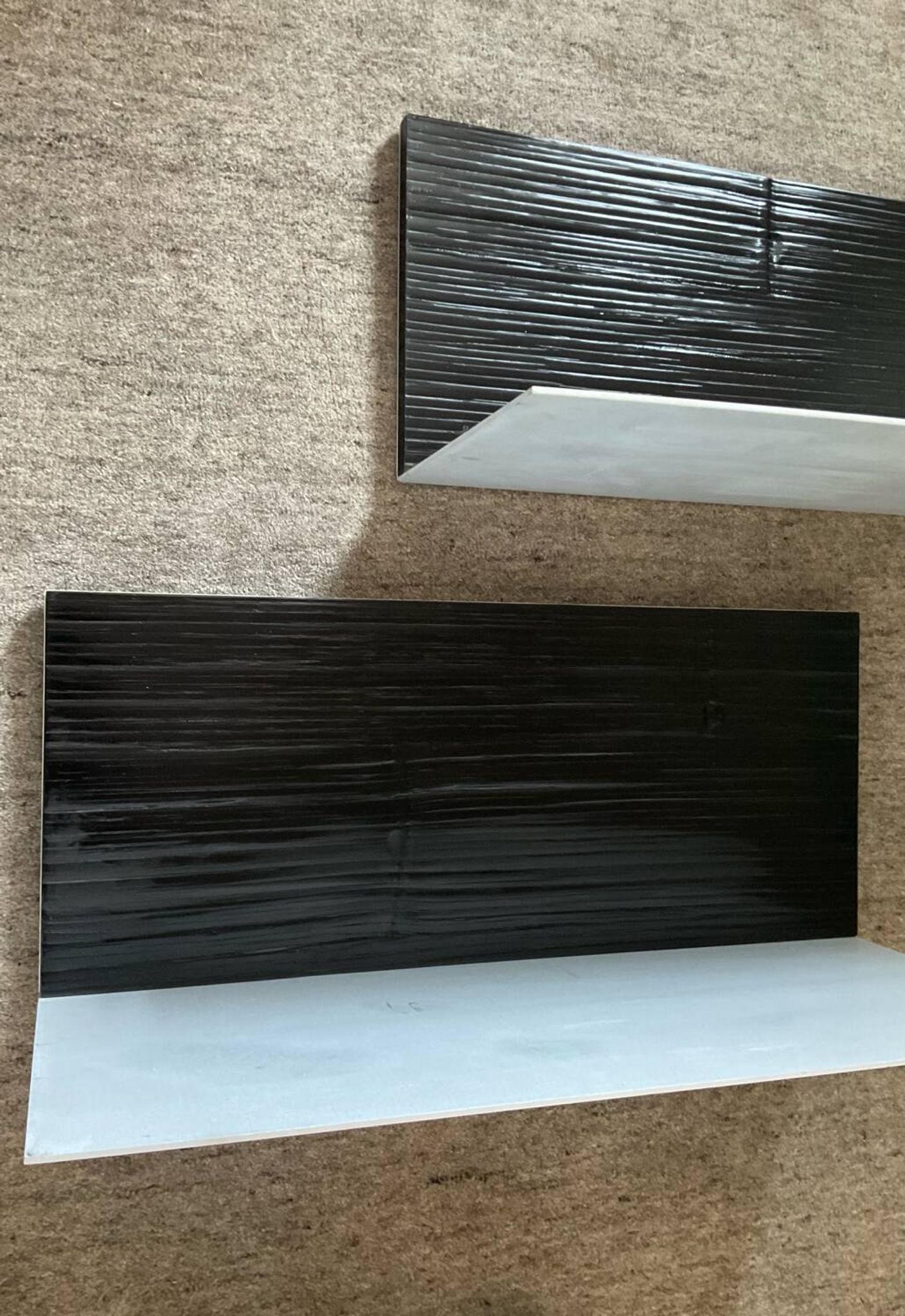 Pair of contemporary shelves in steel and stained wood