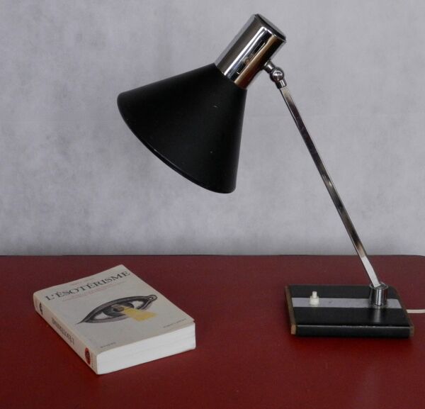 Lampe de bureau vintage bois métal et chrome années 50