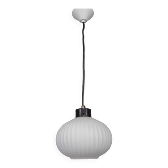 Vintage pendant lamp with white ribbed glass ball, 1960s