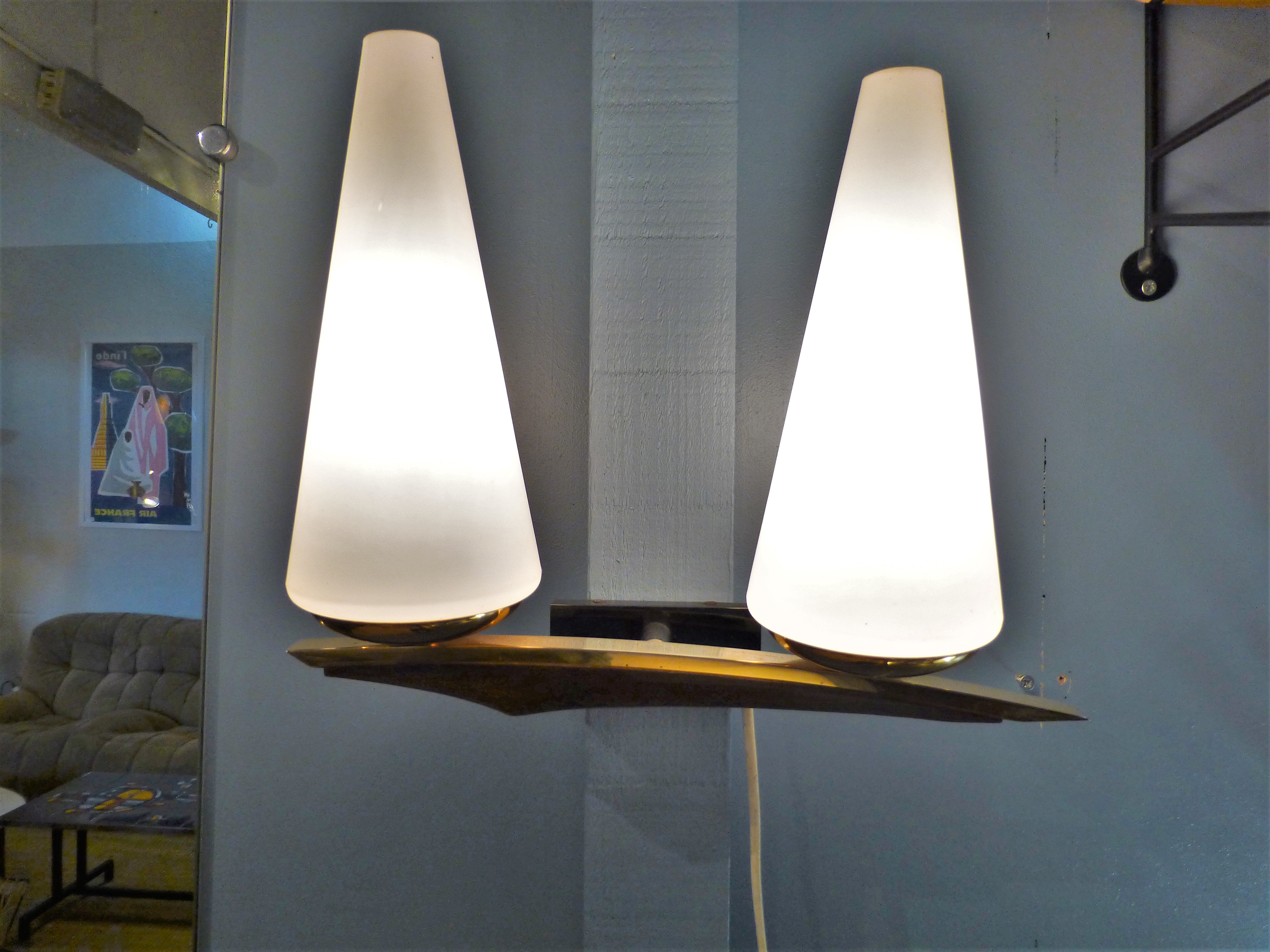 Set of 3 brass and teak Arlus wall light 1960