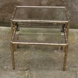 Pair of nesting coffee tables in gold metal with bamboo effect