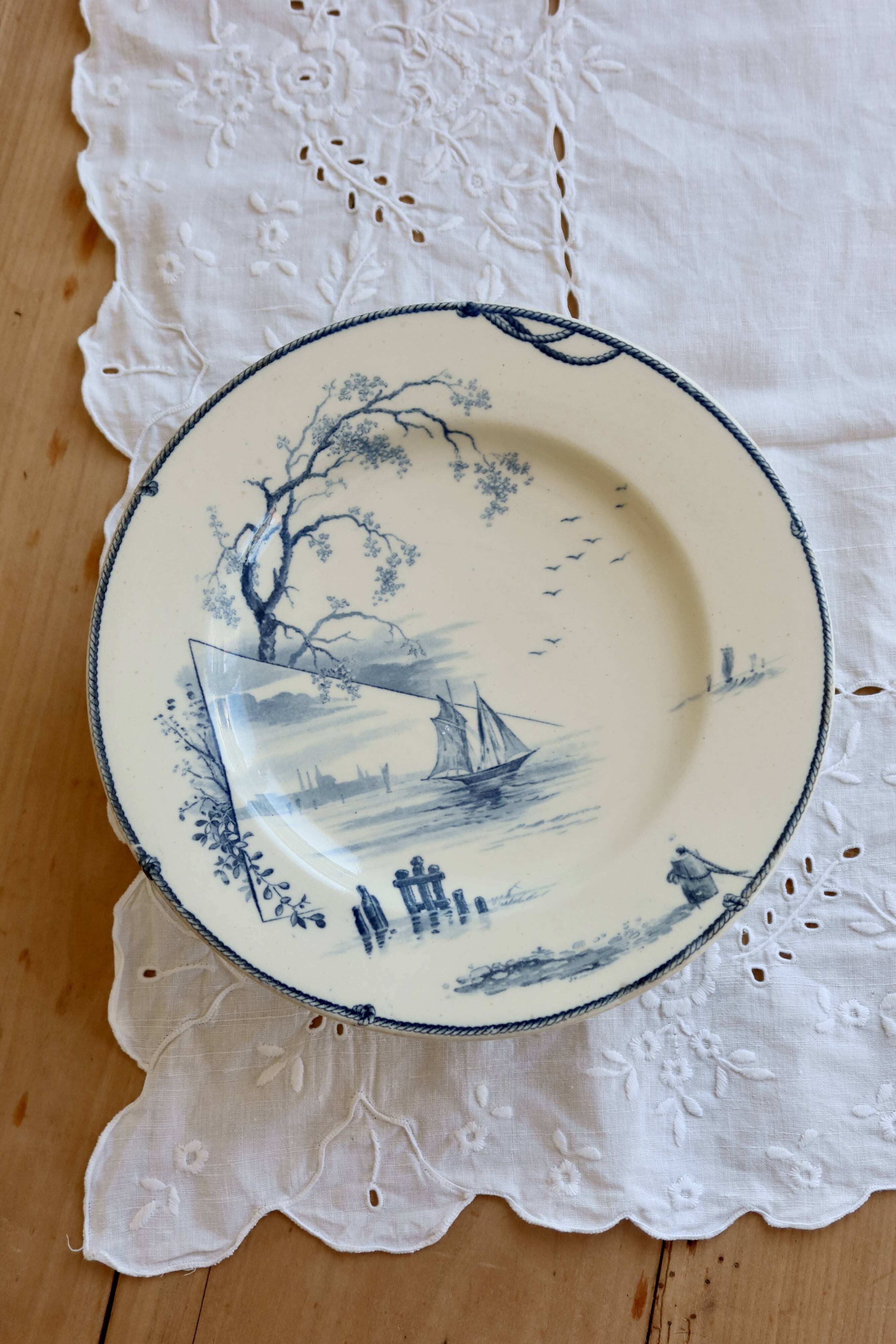 Antique Gien compote dish model Marines - 19th century - Blue marine landscape decoration
