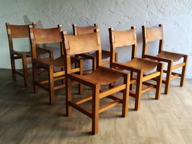 Suite de 6 chaises orme et cuir de la maison regain - circa 1960