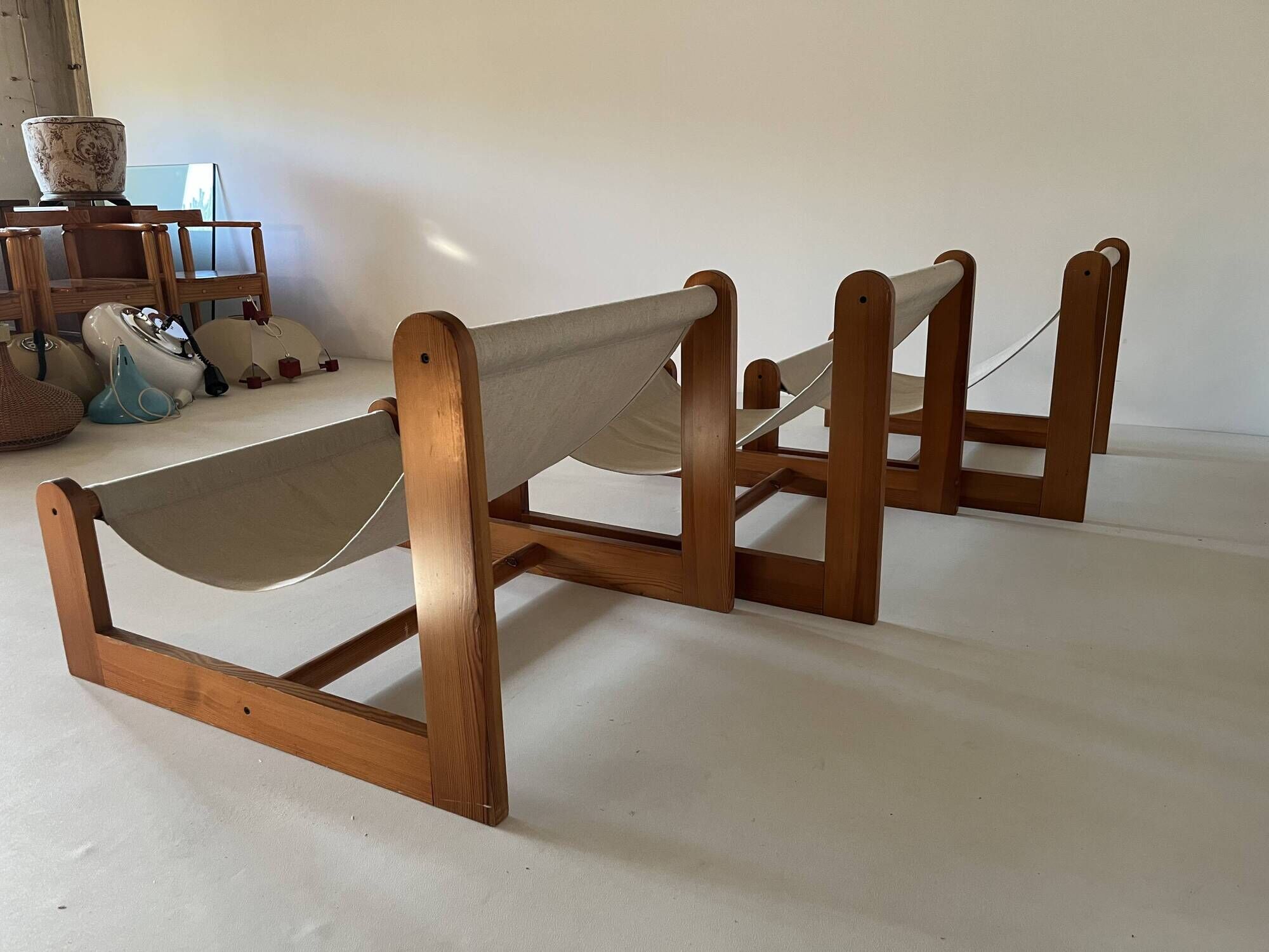 Sling chair in pine, canvas and sheepskin, 1970s