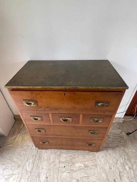 boat chest of drawers, leather, brass, exotic wood, purchased in 1970.